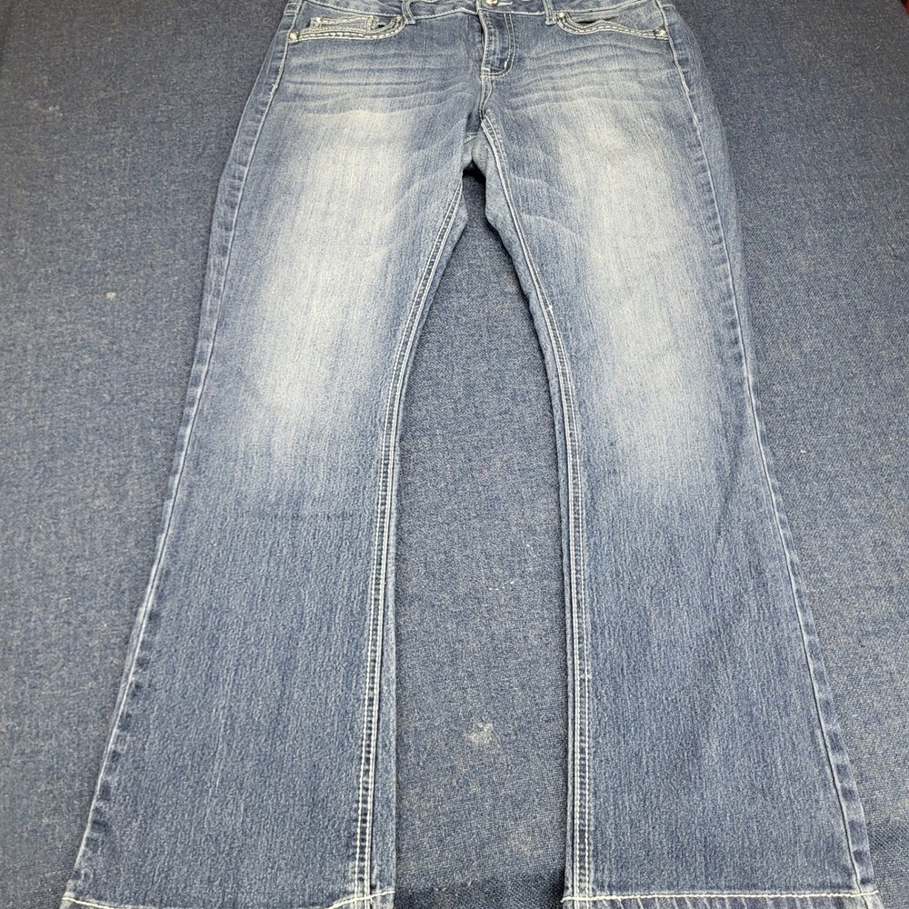 Mudd Womens Sz 15 Blue Rhinestone Cross Embroidered Flare Jeans Y2K Flap pockets